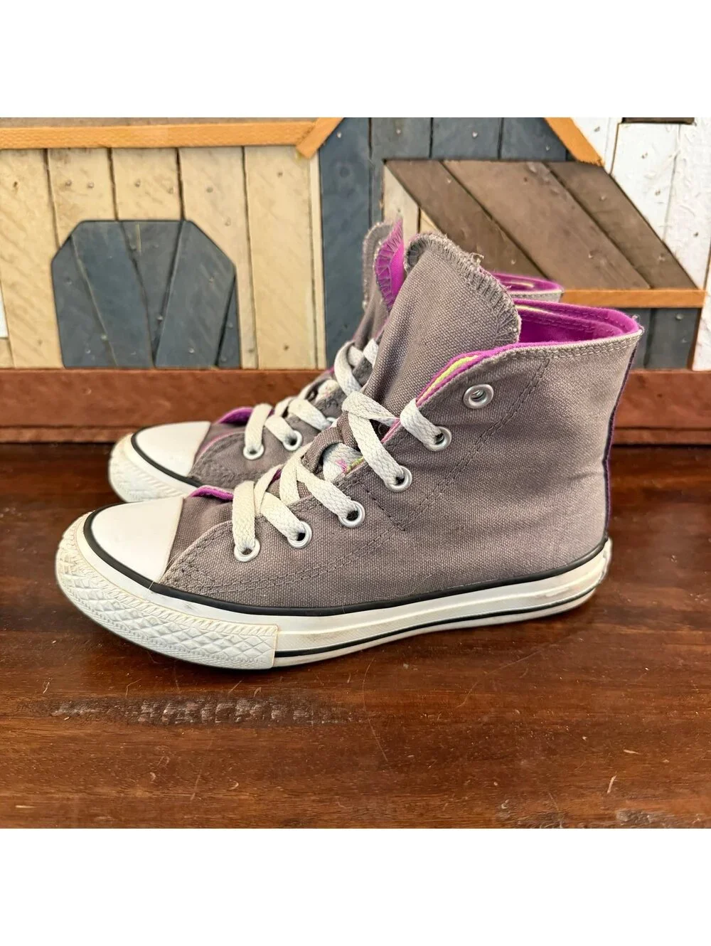 Converse Chuck Taylor All Star Double Tongue Gray Purple Sneakers Kids Size 13